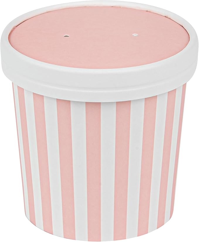 Restaurantware-LIDS ONLY: Soup Container Lids, 200 Disposable Bowl Covers For 12 Ounce Soup Containers - Containers Sold Separately, Vented, Pink And White Container Lid, Striped, Round,