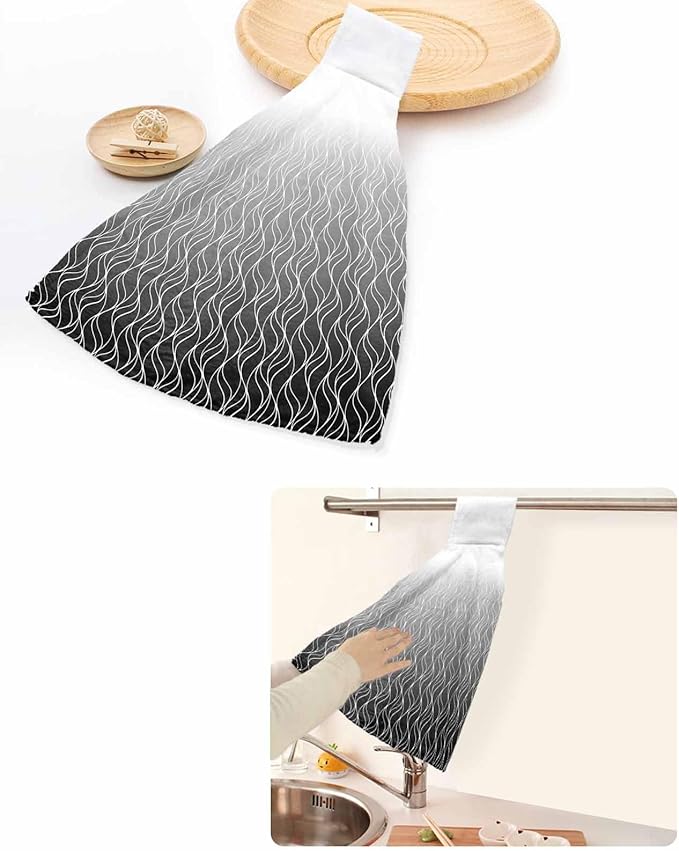 Alandar Home Kitchen Tie Towel Set of 1, Abstract Stripe Black Gradient Absorbent Soft Hand Towels for Bathroom Hanging Towels, Modern Morocco Line Fast Drying Cleaning Cloth with Loop