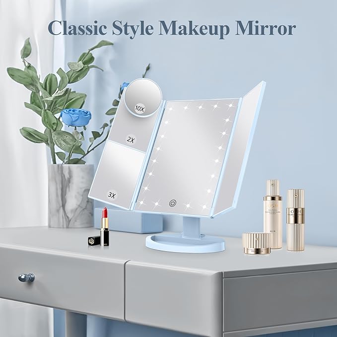 HUONUL Makeup Mirror, Vanity Mirror with Lights, 2X/3X/10X Magnification, Touch Control, Trifold Mirror, Dual Power Supply, Mothers Day for Mom Gifts,Gifts for Women, Wife, Mom, Teengirls