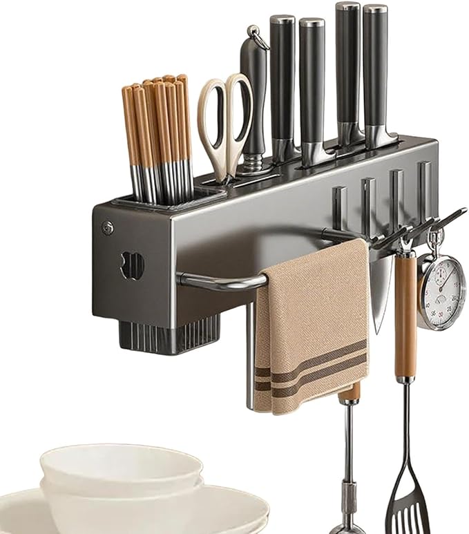 Wall Utensil Rack, Hanging Cutlery Organizer, Storage Kitchen Fixture, No-Borer Hook Hanger, Cooking Tool Spatula Spoon Holder, Home Accessory for Towel, Pan, Pot