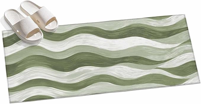 Runner Rug for Bedroom Hallway, Modern Sage Green Gradient Stripe Kitchen Runner Rugs Area Rug 2x6ft, Abstract Ocean Wave Washable Soft Floor Carpet for Entryway Stair