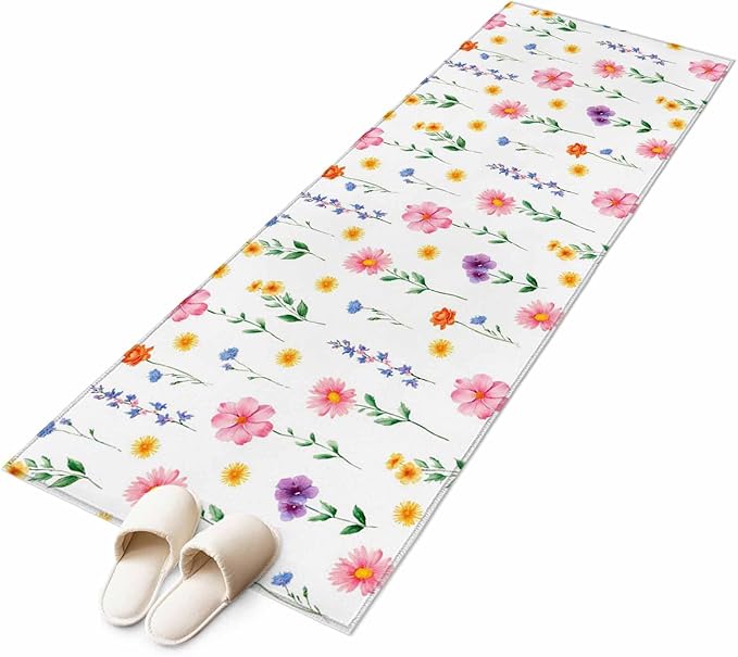 Runner Rug for Bedroom Hallway, Watercolor Farmhouse Flower Kitchen Runner Rugs Area Rug 2x6ft, Yellow Pink Purple Blue Floral Washable Soft Floor Carpet for Entryway Stair