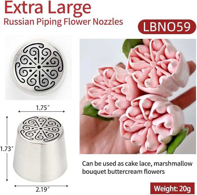 Extra Large Russian Piping Tip Set - 6 Stainless Steel Marshmallow Buttercream Framing Nozzles for 3D Roses Tulip Cake Decorations and Marshmallow Bouquets, Includes 1 Cleaning Brush(6G)