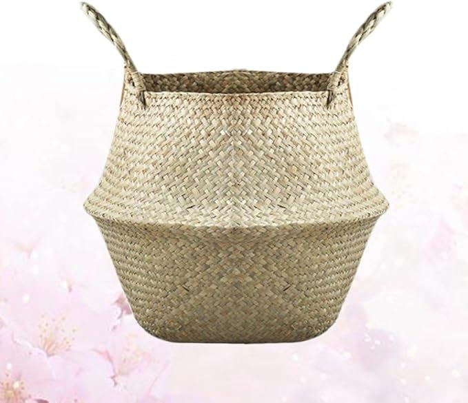 Portable Seagrass Woven Plant Vase Storage Basket with Handle for Home Decor Stylish Hand Basket for Indoor Plants Organizing and Decorative Storage