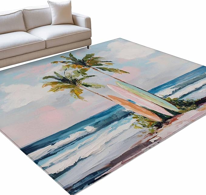 Area Rug 9x12ft, Summer Blue Ocean Surfboard Washable Rugs for Living Room Bedroom Rectangle Floor Carpet, Tropical Plant Palm Tree Soft Non-Slip Area Rugs for Dining Room