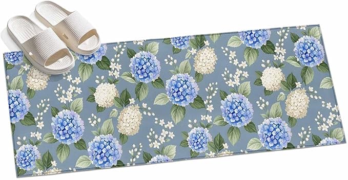 Runner Rug for Bedroom Hallway, Watercolor Purple White Hydrangea Kitchen Runner Rugs Area Rug 2x6ft, Spring Flower on Gray Blue Washable Soft Floor Carpet for Entryway Stair