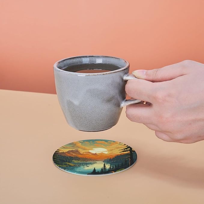 Landscape Mountain Leather Drinks Coasters with Holder, Set of 6, Suitable for Various Cups