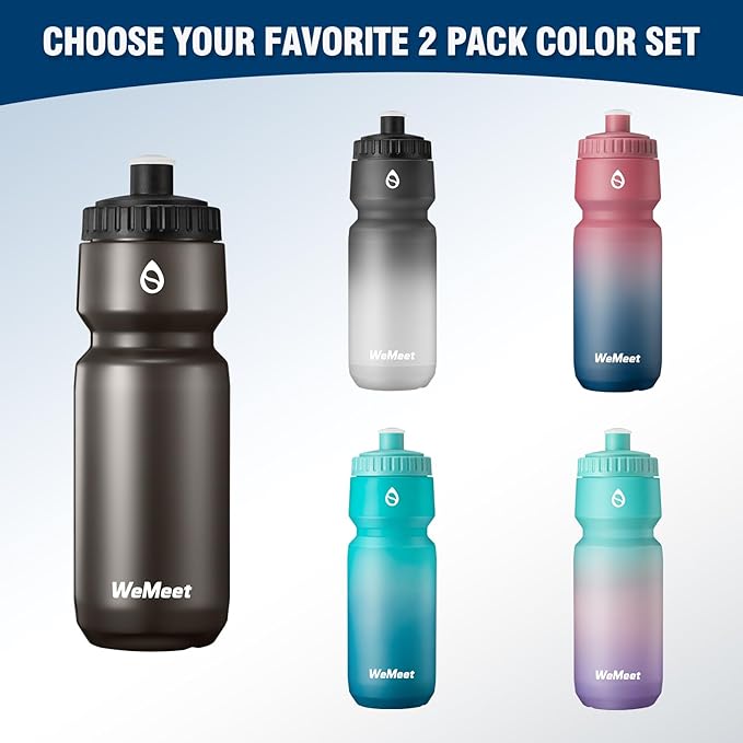 WEMEET 24oz Cycling Sports Bottle, Fits Most Bike Cages, LeakProof, BPA Free, Mountain Bike Squeeze Bottle with Capacity Scale, for Gym, Travel,Hiking (Black & Green Blue, 2 Pack)