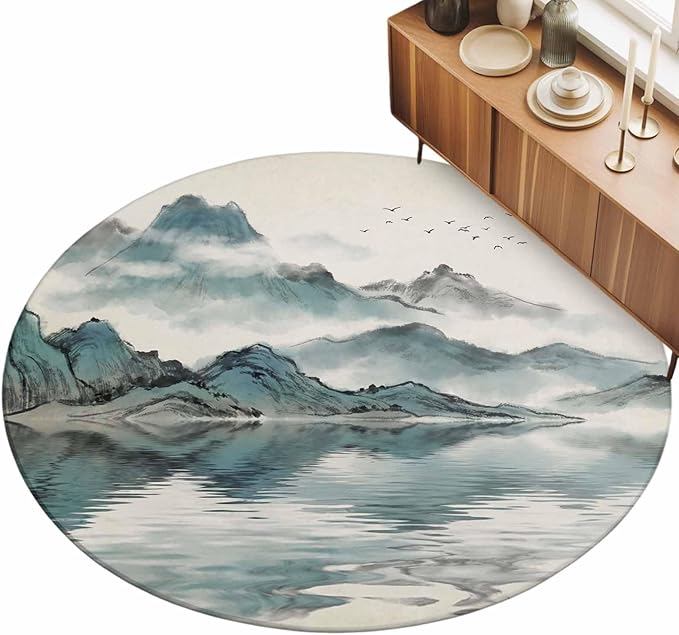 Washable Round Area Rug Chinese Zen Landscape Ombre Circle Rugs Floor Carpet for Living Room Bedroom, Abstract Mountain Lake Soft Non Slip Round Rug 3ft