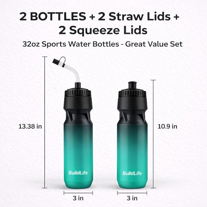 Hockey Water Bottle with Long Straw -32 OZ Squeeze Sports Lacrosse Water Bottles 2 Pack with 2 Lids Each(Straw and Squeeze),for Helmet Hockey,Boxing,BPA Free,Dishwash Safe(Black Blue+Black White)
