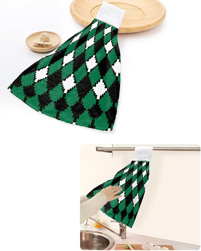 Alandar Home Kitchen Tie Towel Set of 1, Pastoral Style Rhombus Texture Absorbent Soft Hand Towels for Bathroom Hanging Towels, Green White and Black Fast Drying Cleaning Cloth with Loop