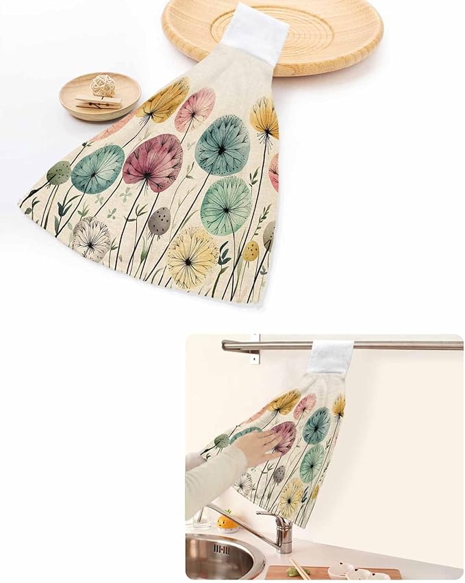 Alandar Home Kitchen Tie Towel Set of 1, Farm Dandelion Plant on Rustic Absorbent Soft Hand Towels for Bathroom Hanging Towels, Watercolor Botanical Fast Drying Cleaning Cloth with Loop