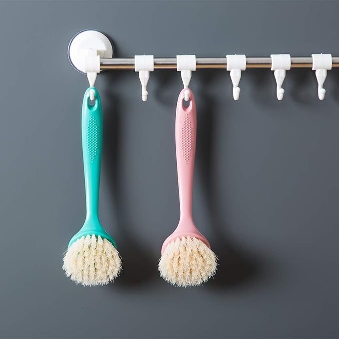 Kitchen Scrub Brush Sink Bathroom Brushes with Scraper Tip Comfortable Grip Odourless Bristles for Pot Pan Cast Iron Skillet Dishes Cleaning,Soft and Scratch Free. 2-Pack