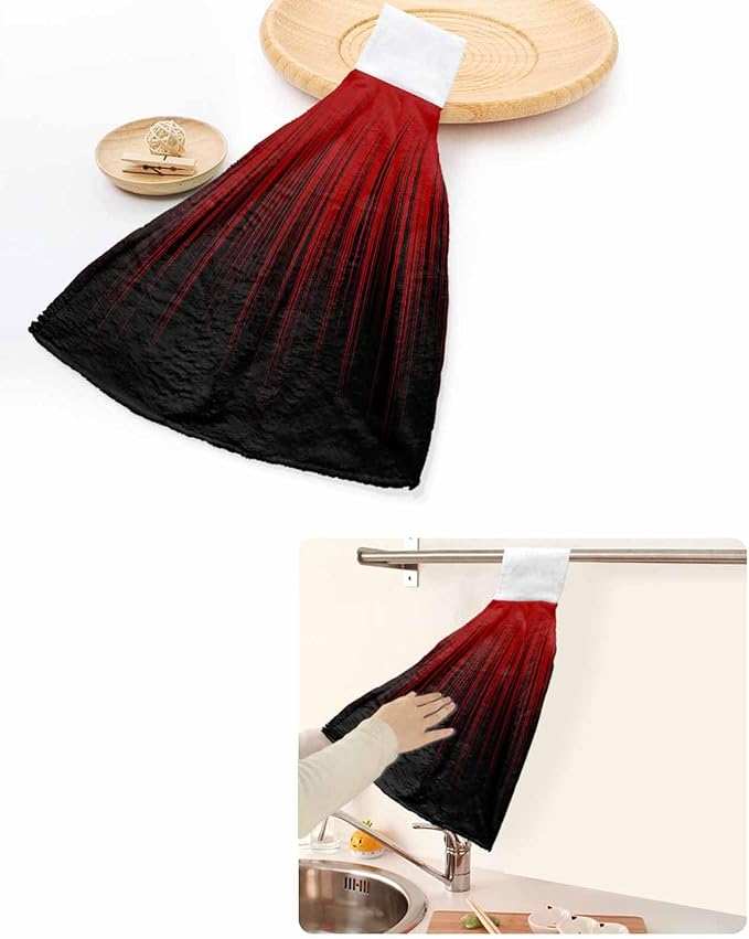 Alandar Home Kitchen Tie Towel Set of 1, Red and Black Striped Line Absorbent Soft Hand Towels for Bathroom Hanging Towels, Modern Abstract Gradient Fast Drying Cleaning Cloth with Loop
