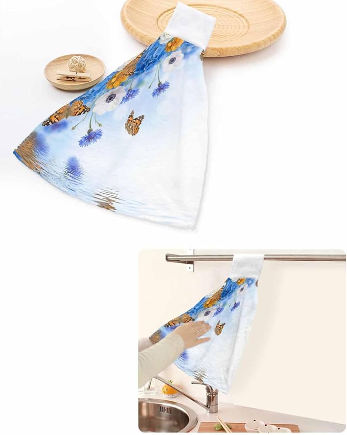 Alandar Home Kitchen Tie Towel Set of 2, Watercolor Embroidered Balls White Daisy Absorbent Soft Hand Towels for Bathroom Hanging Towels, Flower Butterflies Fast Drying Cleaning Cloth with Loop