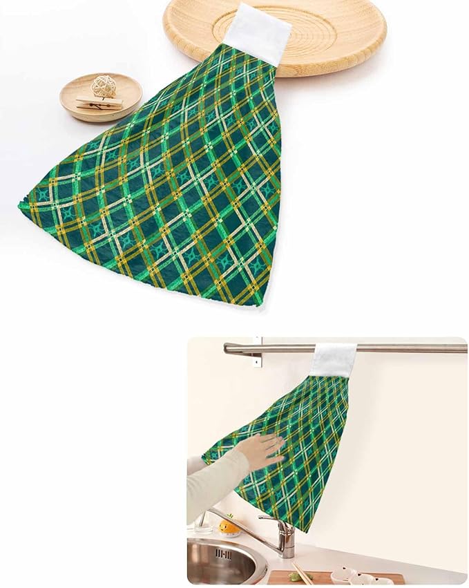Alandar Home Kitchen Tie Towel Set of 2, Green Tartan Vintage Plaid Absorbent Soft Hand Towels for Bathroom Hanging Towels, Abstract Geometric Seamless Fast Drying Cleaning Cloth with Loop