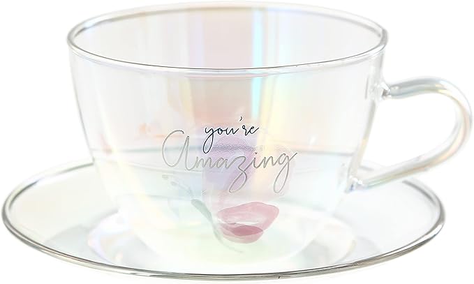 Pavilion Gift Company - You’re Amazing - 7-ounce Glass Teacup with Saucer Set, Iridescent Coffee Cup, Floral Pattern Teacup, Valentine's Day Gift Ideas For Friend, Girlfriend Mug, 1 Count - Pack of 2