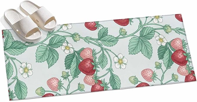 Runner Rug for Bedroom Hallway, Strawberries White Flowers Kitchen Runner Rugs Area Rug 2x6ft, Rustic Garden Botanical Washable Soft Floor Carpet for Entryway Stair