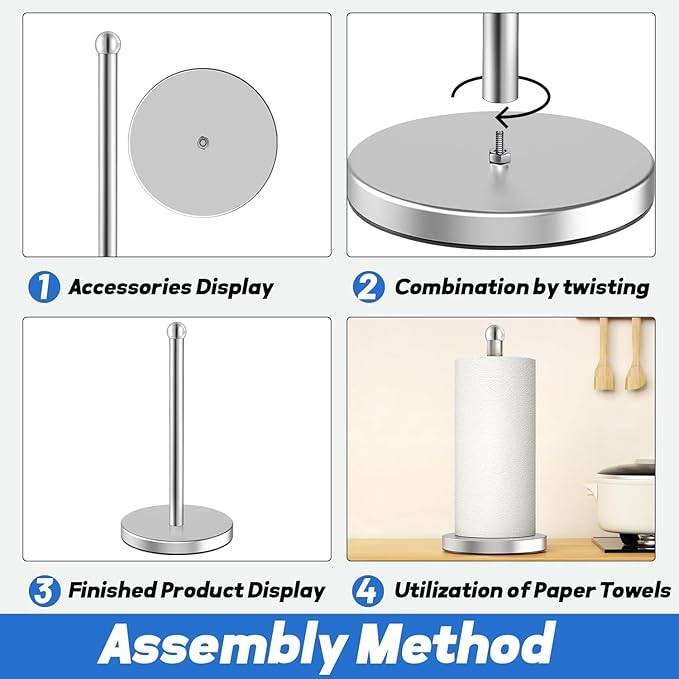 DAWNER Paper Towel Holder Freestanding, Weighted Base with Suction Cups, Easy One-Handed Tear Stainless Steel Brushed Nickel Paper Towel Stand for Kitchen Bathroom Countertop
