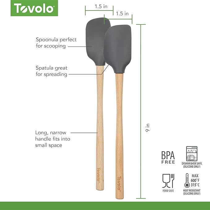 Tovolo Large Spoon Spatula Wooden Handle Set for Cooking & Baking, Heat Resistant Safe for Cast Iron BPA Free Silicone Mixing Tool Natural Wood Perfect for Scraper Mixing Spooning, Charcoal Gray