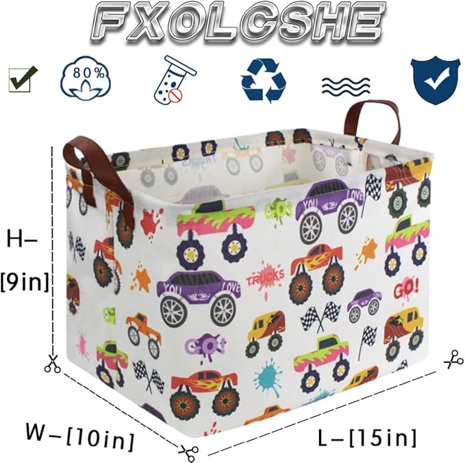 Rectangular storage Basket with Handles Basket,Cute Pattern Storage Bin,Kids Toy Bin Foldable Nursery Laundry Basket for Kids(Racing car)