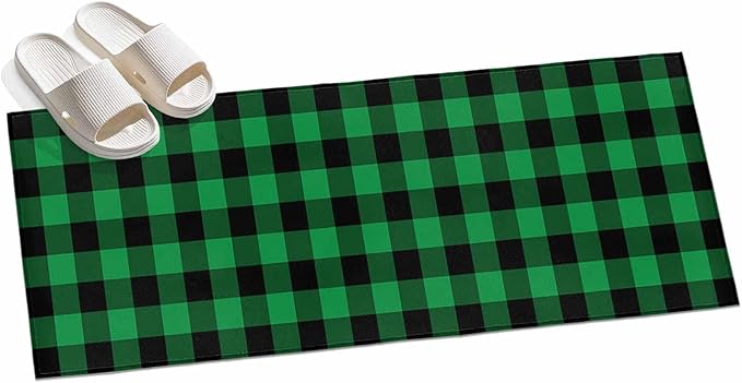 Runner Rug for Bedroom Hallway, St. Patrick's Day Lucky Green Black Plaid Kitchen Runner Rugs Area Rug 2x6ft, Buffalo Lattice Washable Soft Floor Carpet for Entryway Stair