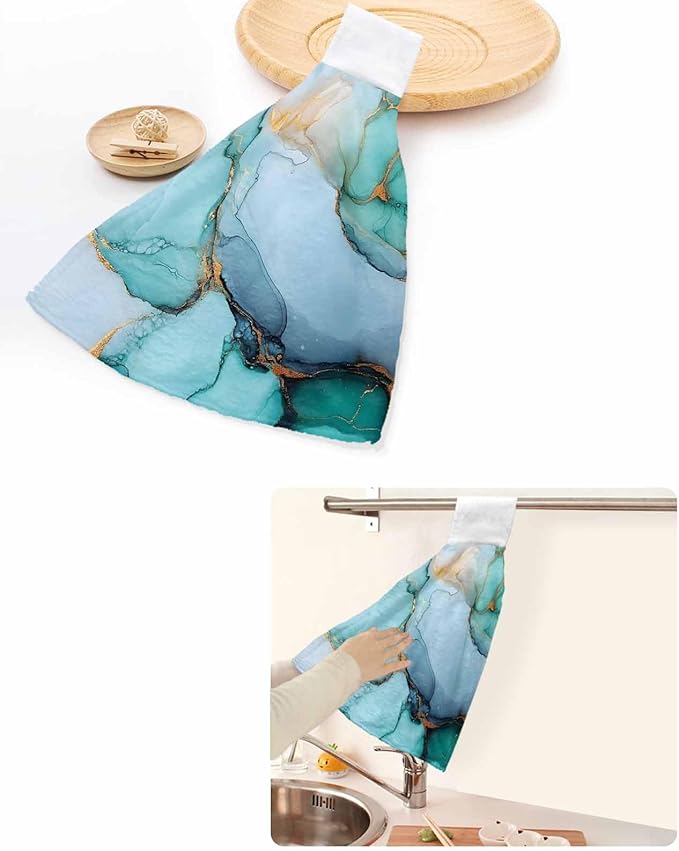 Alandar Home Kitchen Tie Towel Set of 1, Teal Green Turquoise Gold Marble Texture Absorbent Soft Hand Towels for Bathroom Hanging Towels, Abstract Modern Art Fast Drying Cleaning Cloth with Loop