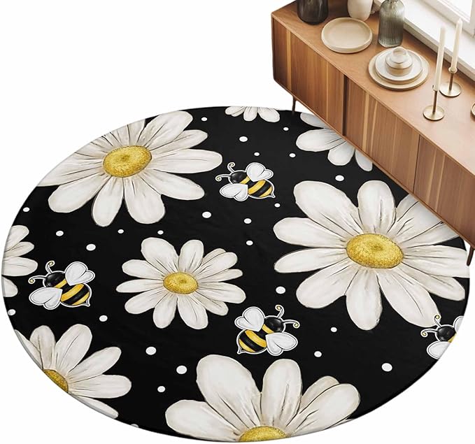 Washable Round Area Rug Watercolor White Floral Daisy Bee Circle Rugs Floor Carpet for Living Room Bedroom, Blossom Flower on Black Soft Non Slip Round Rug 5ft