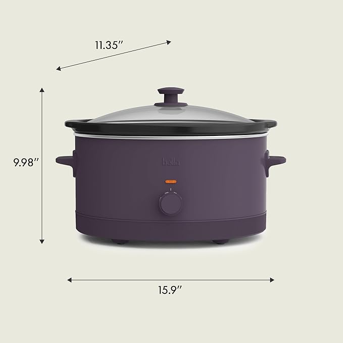 bella 6.0 Qt Manual Slow Cooker, Ceramic Nonstick Coating, 3 Temperature Settings, Dishwasher Safe Stoneware Pot and Tempered Glass Lid, Cool Touch Handles & Tangle Free Cord Wrap, Plum