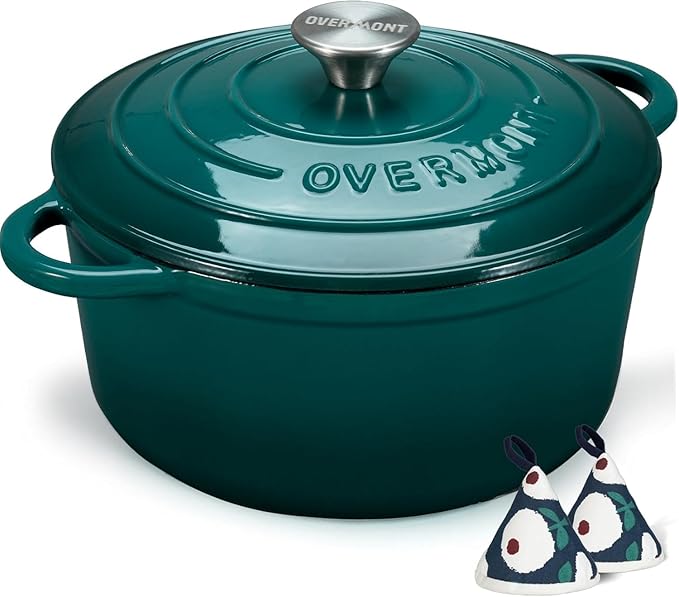 Overmont Enameled Cast Iron Dutch Oven - 5.5QT Pot with Lid Cookbook & Cotton Potholders - Heavy-Duty Cookware for Braising, Stews, Roasting, Sourdough Baking bottle green