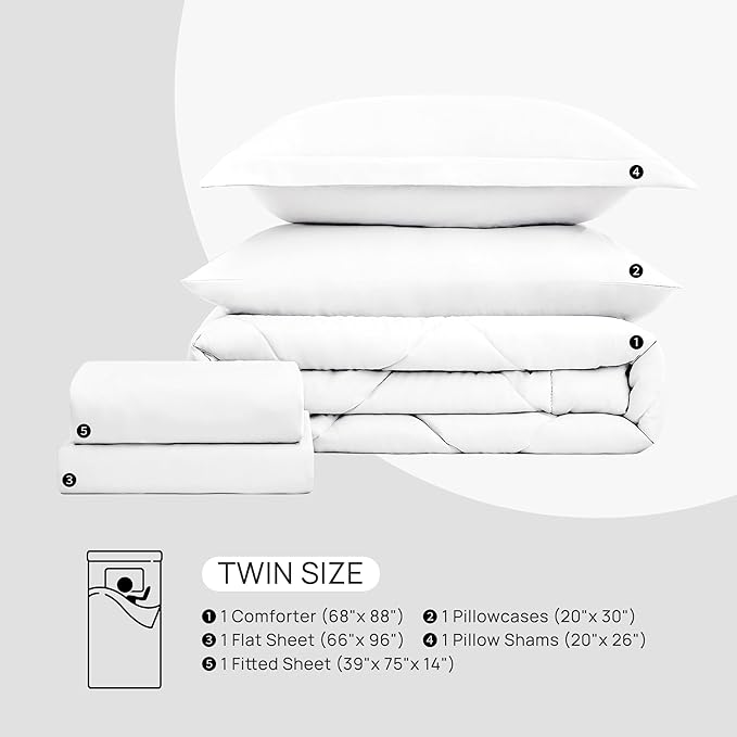 Love's cabin Twin Comforter Set White, 5 Pieces Twin Bed in a Bag, All Season Bedding Sets with 1 Comforter, 1 Flat Sheet, 1 Fitted Sheet, 1 Pillowcase and 1 Pillow Sham | Soft, Breathable, Lightweight, Comfortable