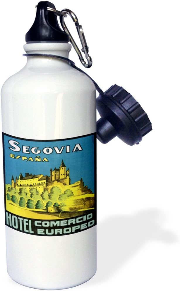 3dRose "Vintage Segovia Espana Hotel Comercio Europeo Spain Luggage Label" Sports Water Bottle, 21 oz, White