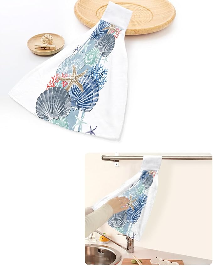 Alandar Home Kitchen Tie Towel Set of 1, Ocean Shells Starfish Coral Absorbent Soft Hand Towels for Bathroom Hanging Towels, Watercolor Marine Life Fast Drying Cleaning Cloth with Loop
