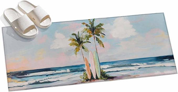 Runner Rug for Bedroom Hallway, Summer Blue Ocean Surfboard Kitchen Runner Rugs Area Rug 2x6ft, Tropical Plant Palm Tree Washable Soft Floor Carpet for Entryway Stair