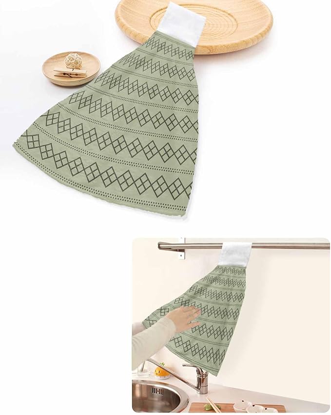 Alandar Home Kitchen Tie Towel Set of 1, Modern Sage Green Black Check Absorbent Soft Hand Towels for Bathroom Hanging Towels, Dotted Line Geometric Art Fast Drying Cleaning Cloth with Loop