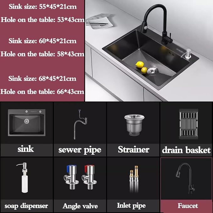 Single Bowl Two Hole Stainless Steel Single Bowl Sink Durable and Practical Kitchen Sink Bar Sink Dishwashing Sink Thickened Panel (Black 68 * 45 * 21cm)