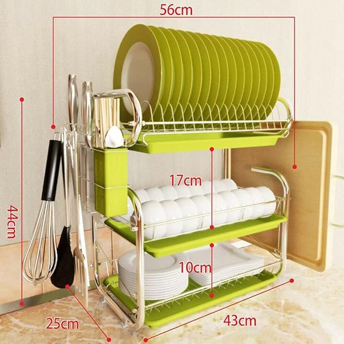 3 Tier Stainless Steel Dish Drainer Cutlery Rack Organiser Kitchen Drip Tray (Color : Green)
