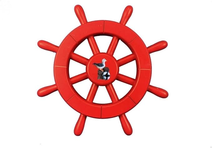 Hampton Nautical Decorative Ship Wheel with Seagull, 12", Red