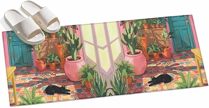 Runner Rug for Bedroom Hallway, Sleeping Cat Pink Sunlit Room Kitchen Runner Rugs Area Rug 2x6ft, Potted Plants Washable Soft Floor Carpet for Entryway Stair
