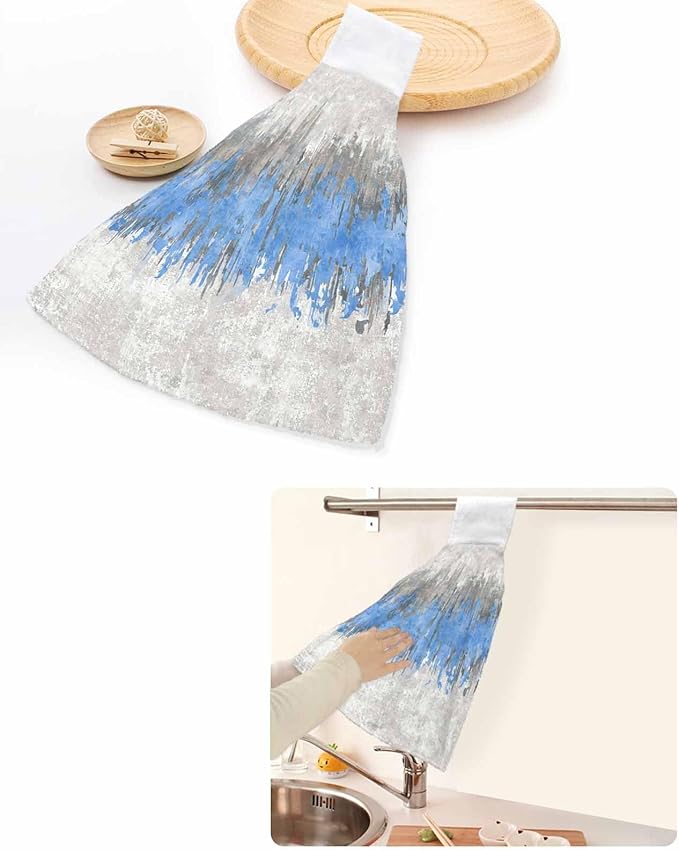 Alandar Home Kitchen Tie Towel Set of 1, Abstract Blue Grey Graffiti Absorbent Soft Hand Towels for Bathroom Hanging Towels, Modern Minimalist Style Fast Drying Cleaning Cloth with Loop