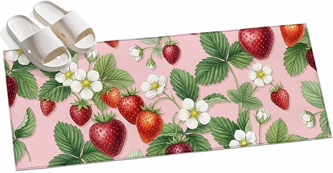 Runner Rug for Bedroom Hallway, Summer Strawberry Bush on Pink Kitchen Runner Rugs Area Rug 2x6ft, Forest Green Foliage Washable Soft Floor Carpet for Entryway Stair