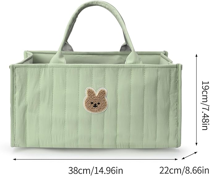 Quilted Fabric Storage Basket Floral Baby Diaper Caddy Quilted Basket for Nursery Bedroom Car Storage (L- Green Bear)