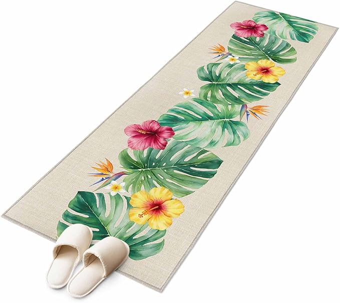 Runner Rug for Bedroom Hallway, Country Monstera Hibiscus Foliage Kitchen Runner Rugs Area Rug 2x6ft, Tropical Plant Vintage Linen Washable Soft Floor Carpet for Entryway Stair