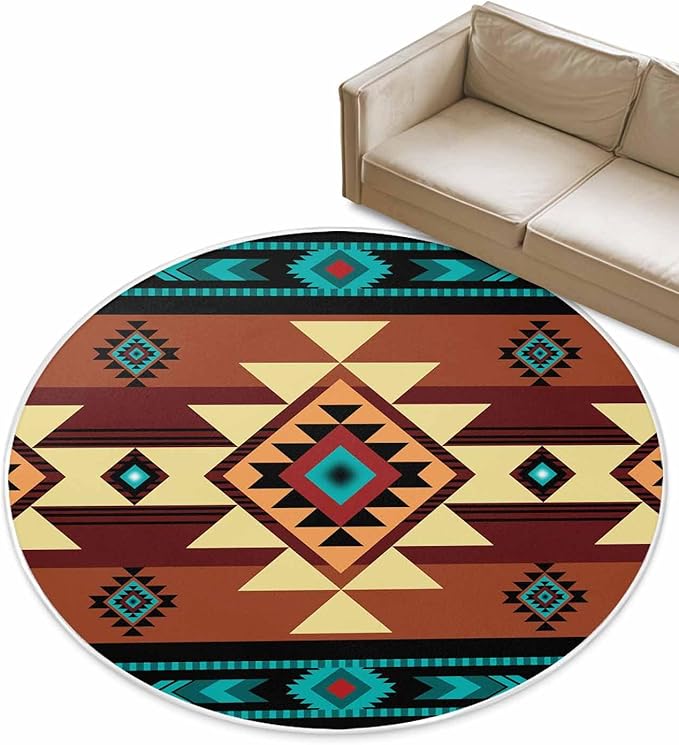 Round Area Rug,Aztec Ethnic Style Color Block Circle Living Room Rug Non-Slip Rugs Indoor Carpet,Abstract Geometric Native American Soft Comfort Rugs for Bedroom KidsRoom Nursery