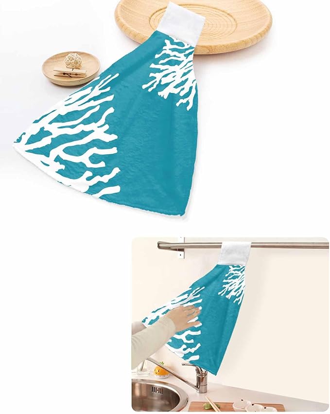 Alandar Home Kitchen Tie Towel Set of 2, Summer Blue Ocean Abstract Coral Absorbent Soft Hand Towels for Bathroom Hanging Towels, Modern Minimalist Art Fast Drying Cleaning Cloth with Loop