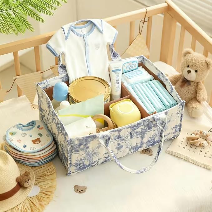Quilted Fabric Storage Basket Floral Baby Diaper Caddy Quilted Basket Organizer for Newborn Nursery Bedroom Car Storage