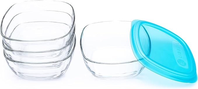 Libbey Serve It 8 Piece Glass Storage Bowl Set with 6 Cup Containers and Blue Plastic Lids