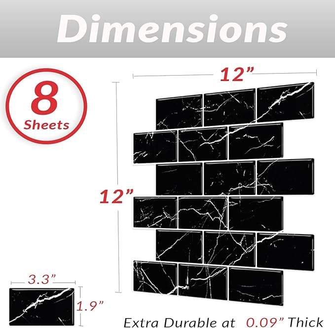 DÉCOR WOW Peel & Stick Backsplash for Kitchen & Bathroom Black Marble Subway, 1 sq ft (8-Pack)