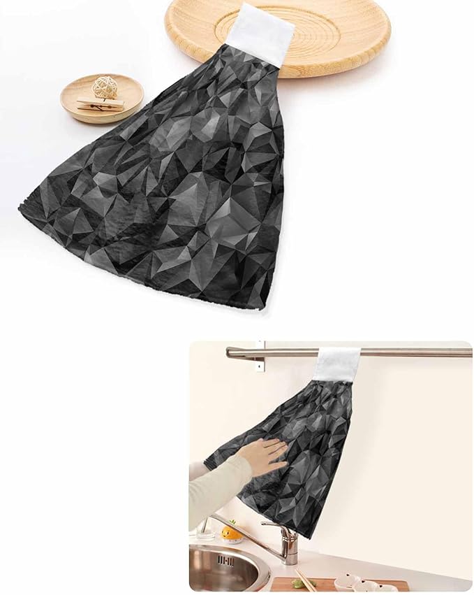 Alandar Home Kitchen Tie Towel Set of 1, Black Geometric Modern Art Absorbent Soft Hand Towels for Bathroom Hanging Towels, Abstract Patterns Seamless Fast Drying Cleaning Cloth with Loop