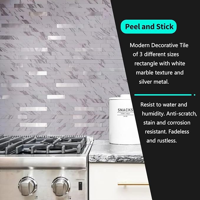 10-Sheet Peel and Stick Backsplash Tile, PVC Mixed Meta,l Stick on Kitchen, Bathroom Vanities, Fireplace Décor, Laundry Table(11.2" X 12.7") (10, White Marble + Silver)